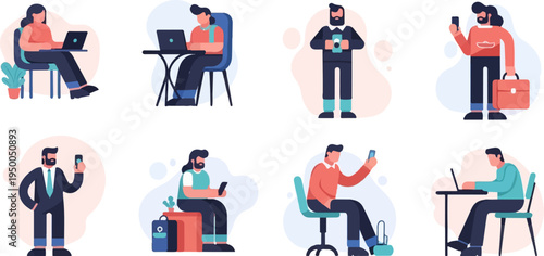 Flat illustrations of people working and using devices