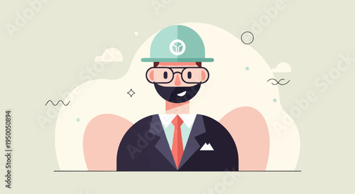Illustrated engineer wearing safety helmet, glasses, and suit, with abstract background