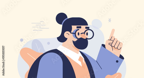 Geometric illustration of a wise person with glasses, pointing upwards