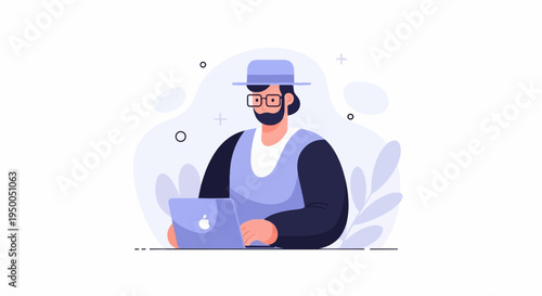 Illustrated man with hat and glasses works on laptop