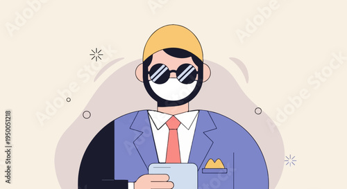 Illustrated person in suit, mask, sunglasses, hat, holding device