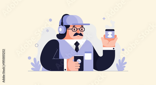 Friendly man with headphones and glasses holds a phone and a cup