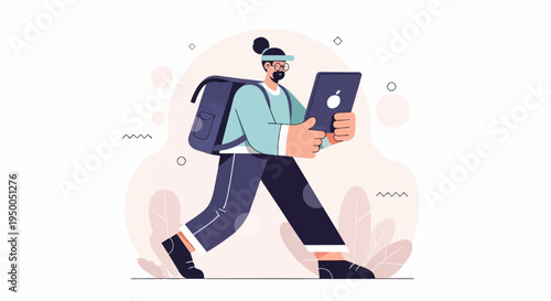 Illustrated person with backpack and tablet walking