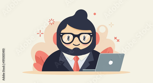 Friendly bearded person in glasses and suit working on laptop