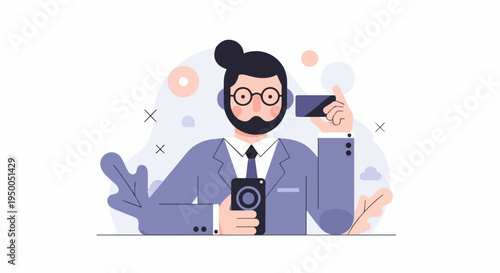 Man in suit holding credit card and phone, modern abstract background