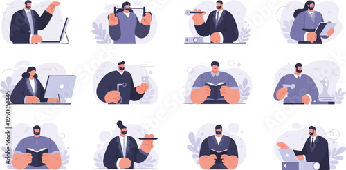 Illustrated professionals engaged in diverse office and work tasks