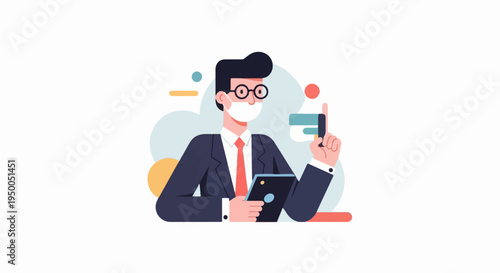 Masked professional with tablet and raised finger, abstract background