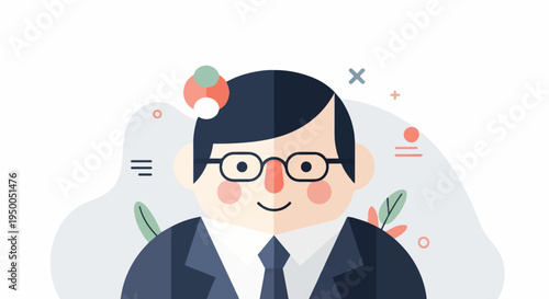 Friendly businessman in a suit with glasses, abstract shapes