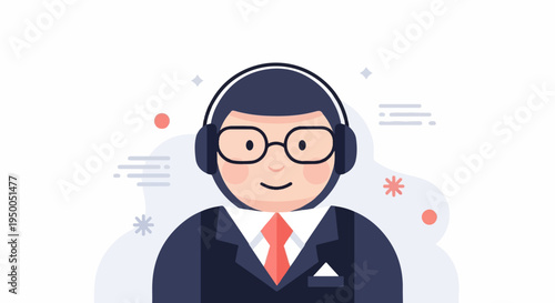 Friendly, bespectacled person in suit and headphones, vector art
