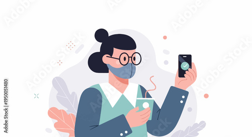 Masked woman with glasses holds phone showing checkmark, coffee cup