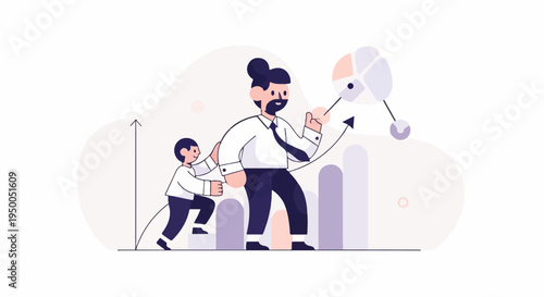 Mentor guiding junior colleague upwards towards success and data