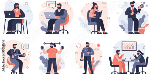 Office workers engage in various activities, including computer use, reading, and fitness