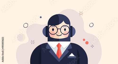 Minimalist animated man in suit and glasses wearing headphones