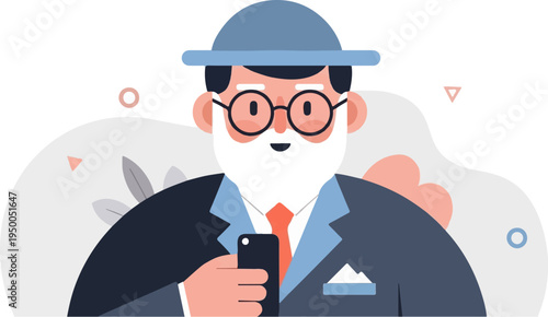 Older gentleman in a suit and hat holding a smartphone