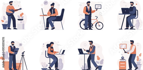 People engaged in diverse activities like playing guitar, working on laptops, and presenting