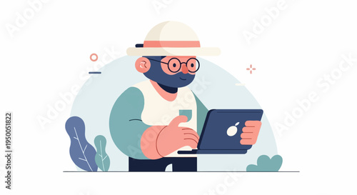 Man in a hat wearing glasses and a blue beard, typing on a laptop