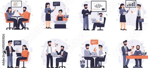 Office workers collaborate and present data in various meeting scenarios