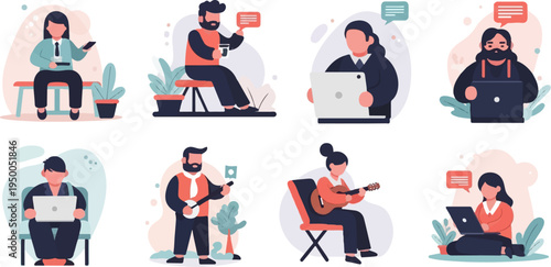 People engaged in various activities like working, playing music, and communicating digitally