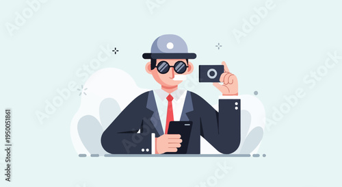 Man in a suit and hat taking a photo with a camera and phone