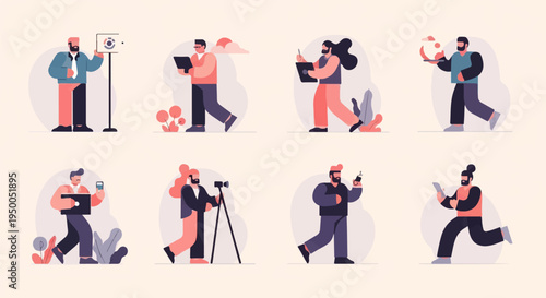 Minimalist figures engage in various modern activities using technology