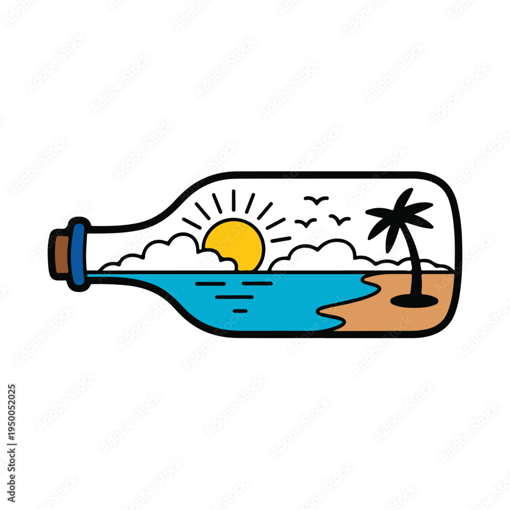 Fototapeta premium Tropical island in the sea under a bright sun with palms, sand beach, and a cartoon boat on ocean waves for a summer vacation vector illustration