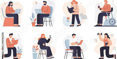 People engaged in various activities like working, reading, and exercising