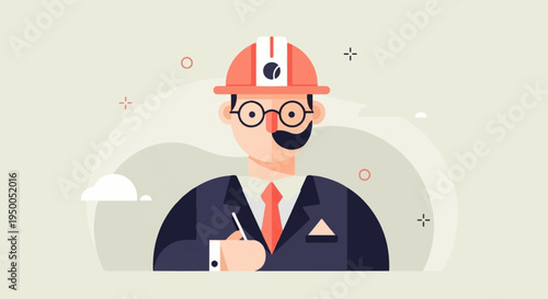 Minimalist flat illustration of a professional wearing a hard hat, writing