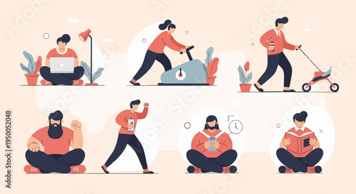 People engaged in various daily activities like working, exercising, and reading