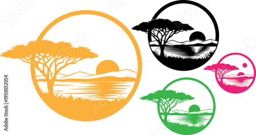 Set of 4 African Savanna Landscape Silhouettes with Acacia Tree, Lake, and Sunset in Round Frames Vector Illustration