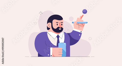 Man in suit interacting with digital interface and device