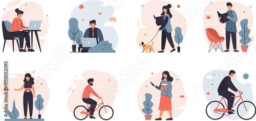 People engaged in various daily activities like working, reading, walking dogs, cycling