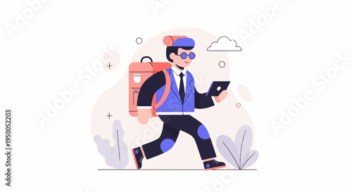 Man in suit with backpack, glasses, and tablet, walking