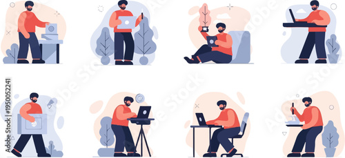 Male figures engaged in various digital and creative tasks, surrounded by abstract shapes