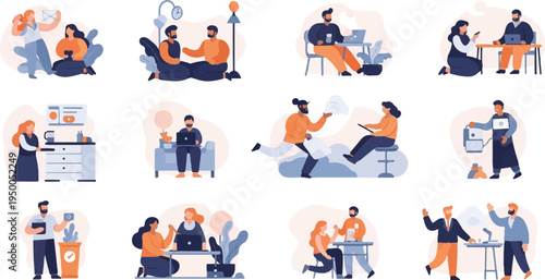 People engaged in various work, communication, and leisure activities indoors