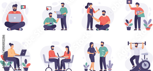 People engaged in various work, discussion, and fitness activities