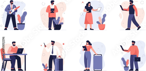 People engaged in work, leisure, and travel with devices and luggage