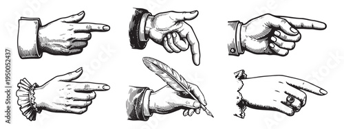 Pointing hands engraving style vector set. Pointing symbols.