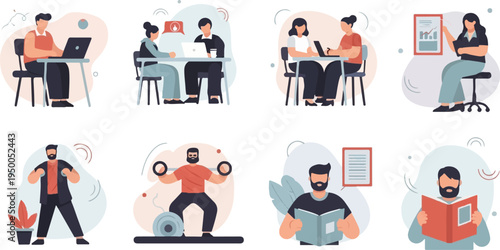 People in office and gym settings, engaged in work and fitness activities