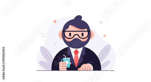 Man in suit with glasses drinks from a cup