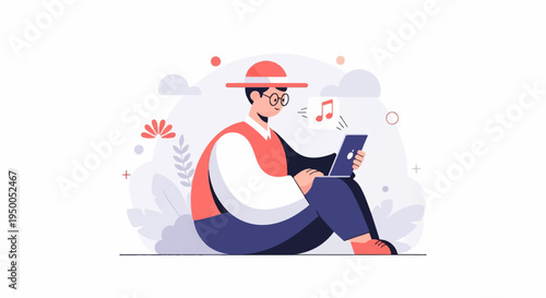 Person in hat using laptop with music note symbol