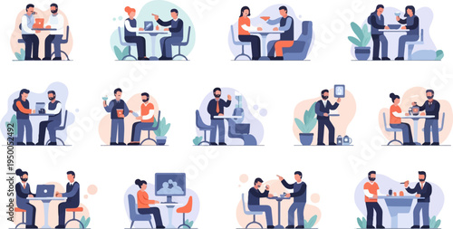 People interacting at tables in various casual settings