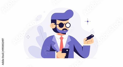 Man in suit with glasses holding phone and cigar, with background elements