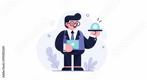 Man in suit with laptop and serving dish