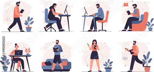 People working and relaxing with books, phones, and computers