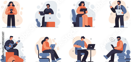 People working on devices, playing guitar, and talking with a speech bubble