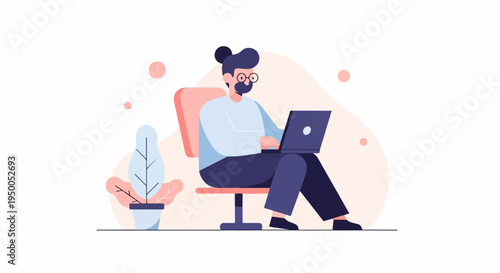 Minimalist illustration of a person working on a laptop in a home office