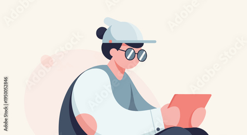 Minimalist person with glasses and cap using a tablet