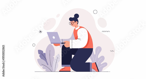 Minimalist person with glasses on laptop amidst abstract shapes and foliage