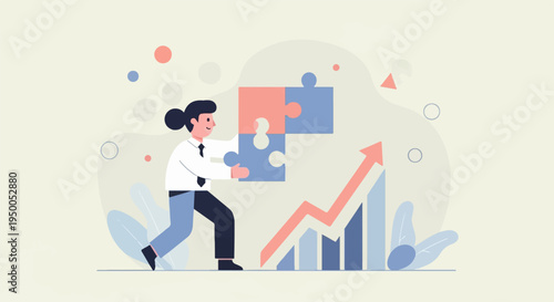 Person assembling puzzle pieces near rising graph and abstract shapes