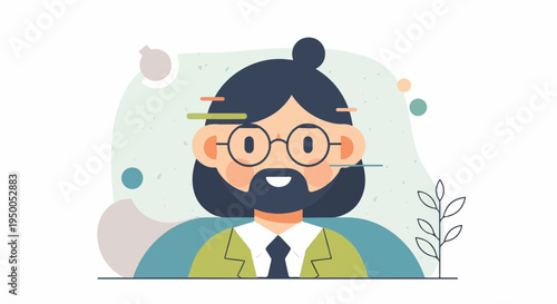 Minimalist portrait of a man with dark hair, beard, glasses